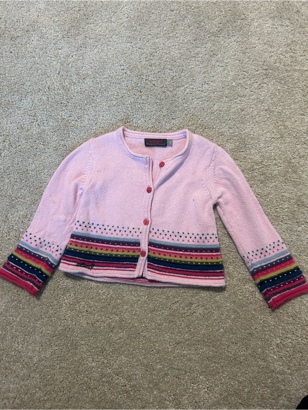 Catamini Pink Knit Cardigan Sweater with Multicolor Stripe Accents